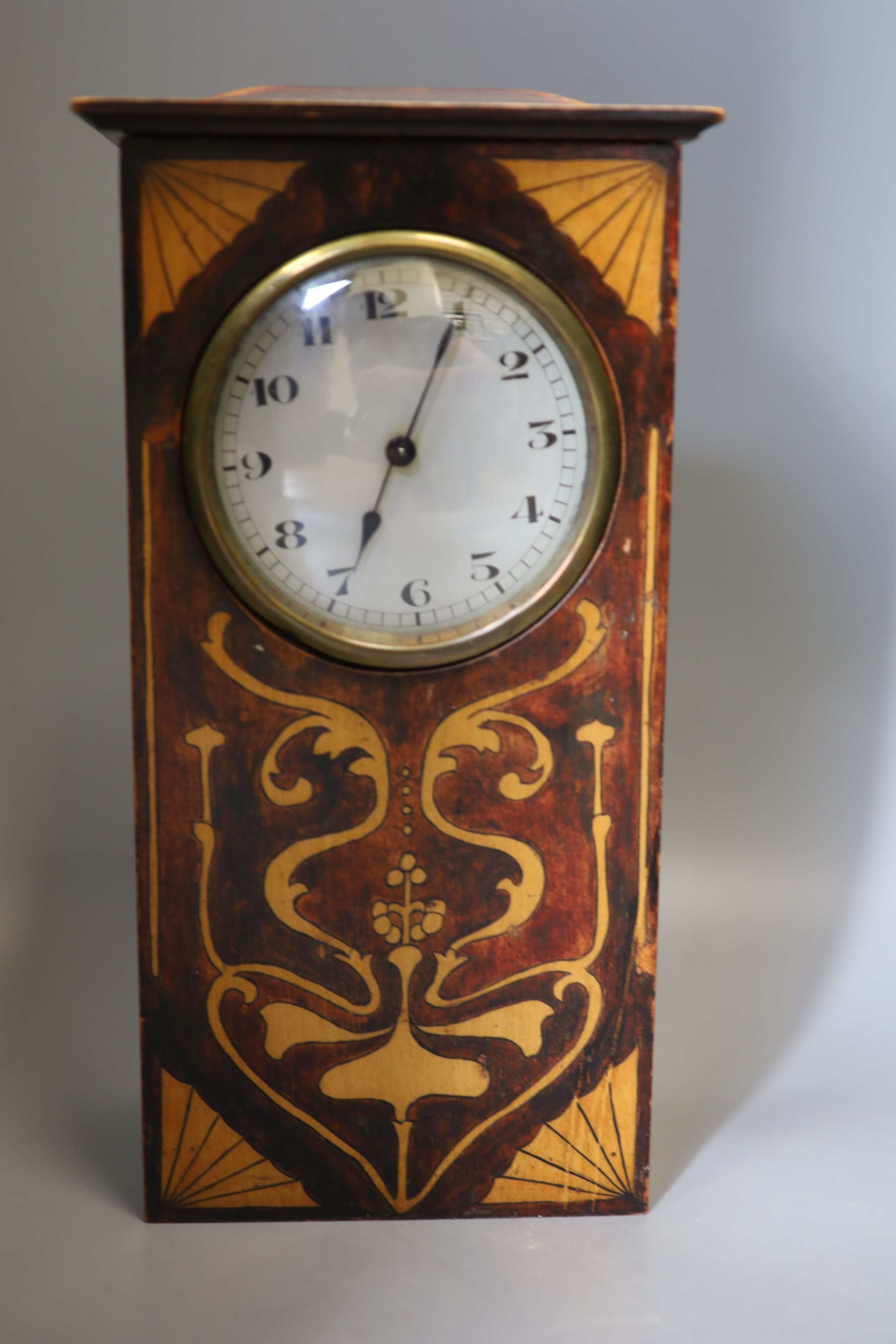 An Art Nouveau timpiece and small inlaid mantel clock 26cm